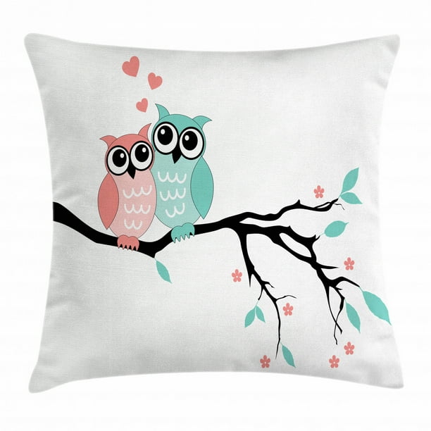 Teal and White Quilted Bedspread /& Pillow Shams Set Cute Owl Couple Print
